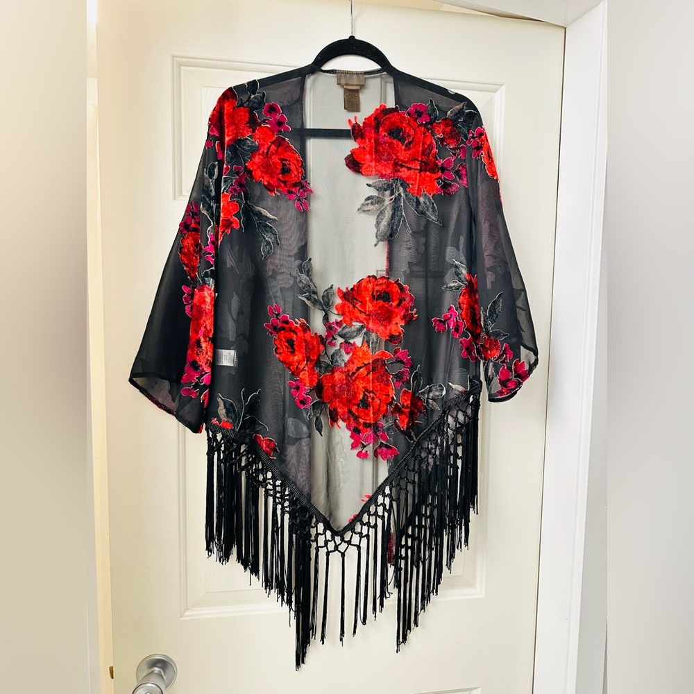 Wrangler Boho Sheer Velvet Rose Kimono Wrap with Black Trim Fringe L - Picture 9 of 10
